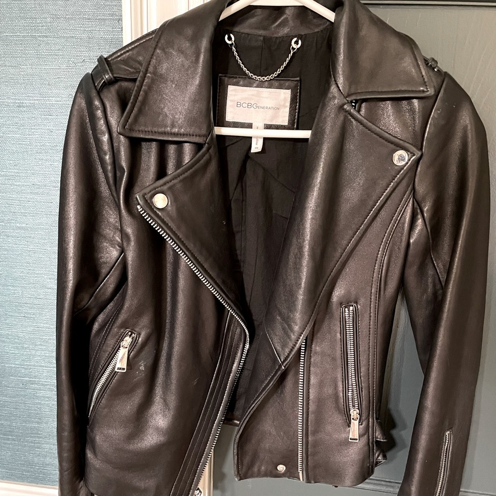 Black genuine leather BCBG jacket, size XS.